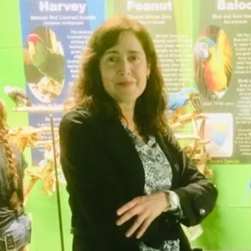 Woman standing in front of colorful display.