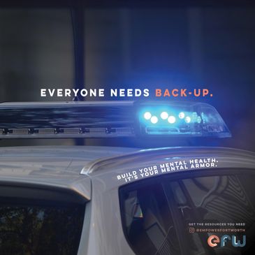 Police car with flashing lights and the message "Everyone Needs Back-Up."